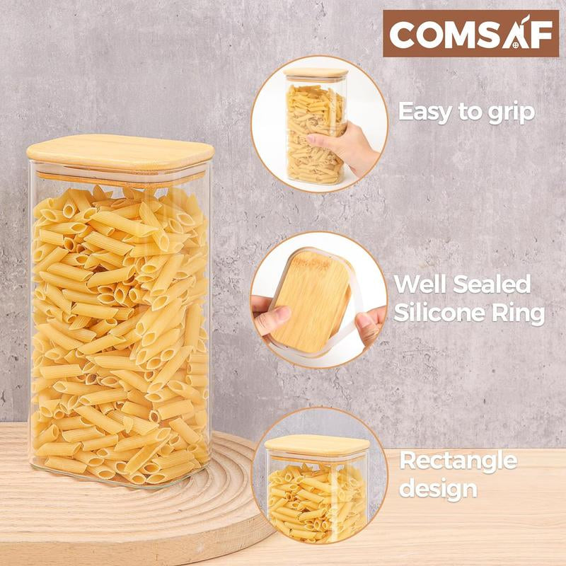 Set of 3 Glass Food Storage Container, 54Oz Rectangle Glass Jars Bamboo Lid for Pasta Rice Flour Oats Tea Kitchen Utensils Pantry Storage Canister Tin
