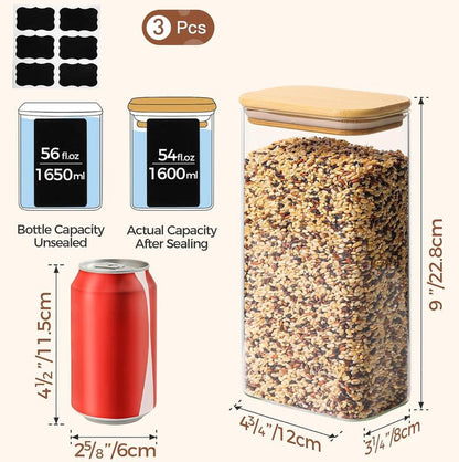 Set of 3 Glass Food Storage Container, 54Oz Rectangle Glass Jars Bamboo Lid for Pasta Rice Flour Oats Tea Kitchen Utensils Pantry Storage Canister Tin
