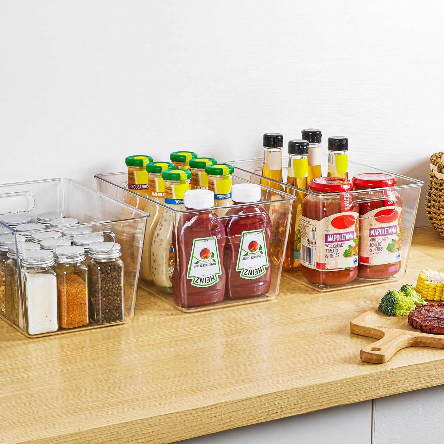 6 Pack Clear Pantry Organizer Bins, Plastic Containers with Handle for Kitchen,Freezer,Cabinet,Closet,Bathroom under Sink Storage