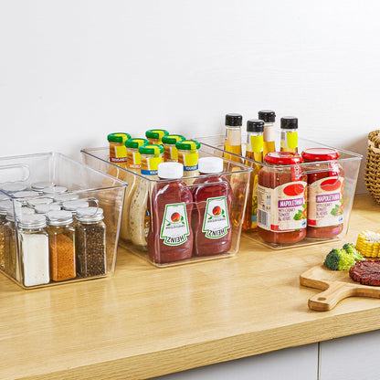 6 Pack Clear Pantry Organizer Bins, Plastic Containers with Handle for Kitchen,Freezer,Cabinet,Closet,Bathroom under Sink Storage