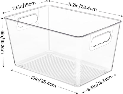 6 Pack Clear Pantry Organizer Bins, Plastic Containers with Handle for Kitchen,Freezer,Cabinet,Closet,Bathroom under Sink Storage