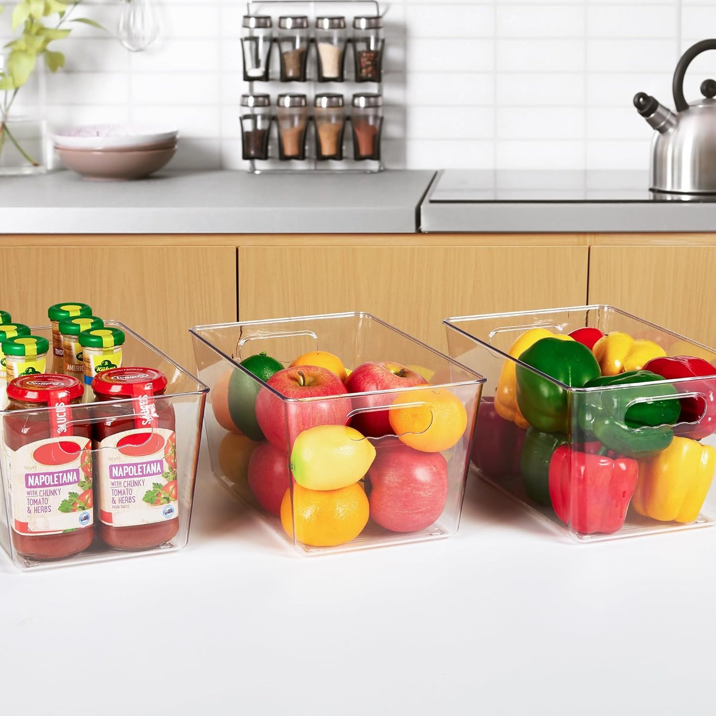 6 Pack Clear Pantry Organizer Bins, Plastic Containers with Handle for Kitchen,Freezer,Cabinet,Closet,Bathroom under Sink Storage