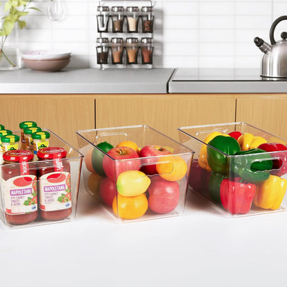 6 Pack Clear Pantry Organizer Bins, Plastic Containers with Handle for Kitchen,Freezer,Cabinet,Closet,Bathroom under Sink Storage
