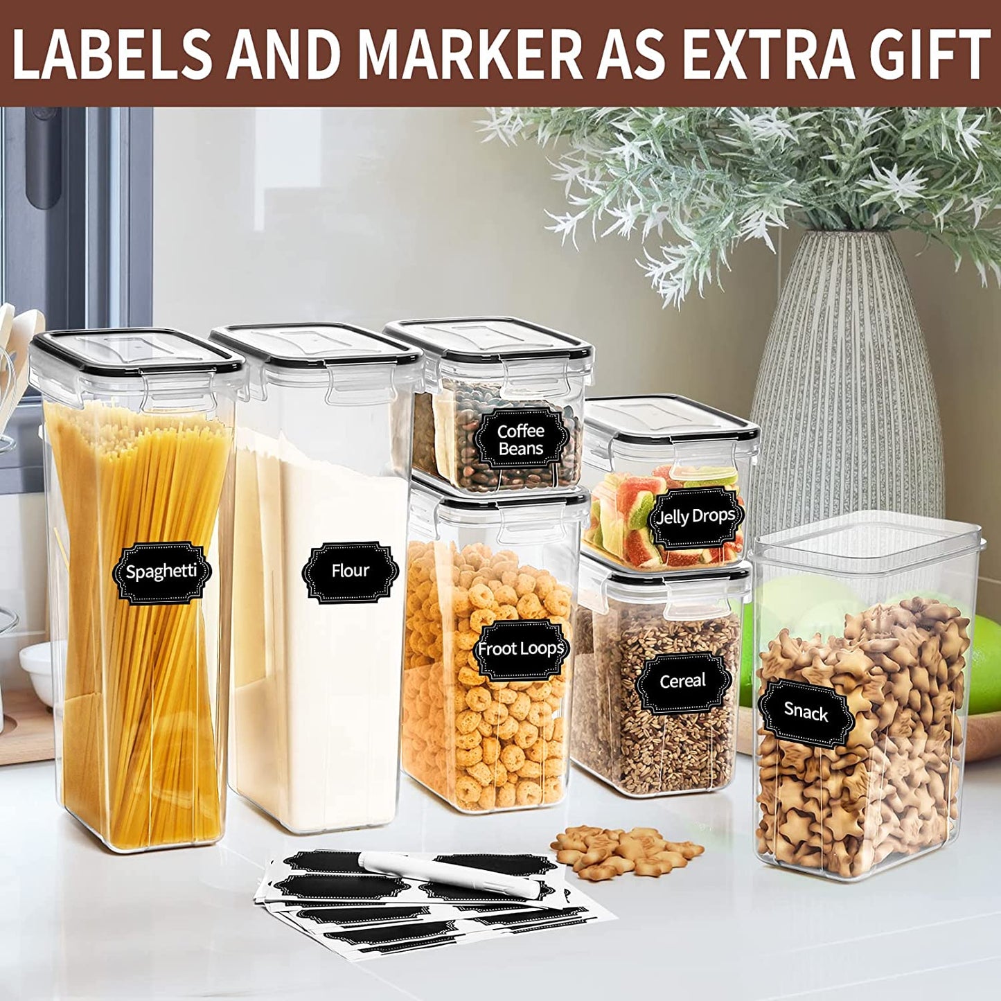 Airtight Food Storage Containers Set with Lids - 24 PCS, BPA Free Kitchen and Pantry Organization, Plastic Leak-Proof Canisters for Cereal Flour & Sugar - Labels & Marker