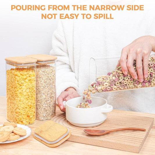 Set of 3 Glass Food Storage Container, 54Oz Rectangle Glass Jars Bamboo Lid for Pasta Rice Flour Oats Tea Kitchen Utensils Pantry Storage Canister Tin