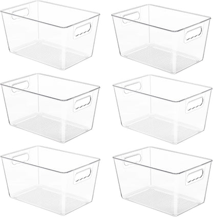 6 Pack Clear Pantry Organizer Bins, Plastic Containers with Handle for Kitchen,Freezer,Cabinet,Closet,Bathroom under Sink Storage