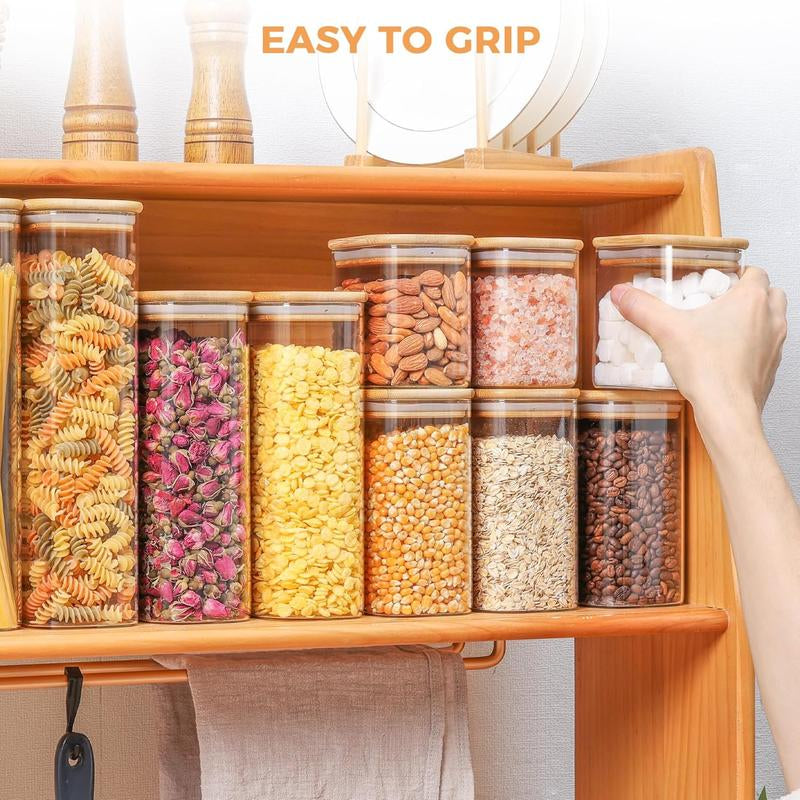 Set of 3 Glass Food Storage Container, 54Oz Rectangle Glass Jars Bamboo Lid for Pasta Rice Flour Oats Tea Kitchen Utensils Pantry Storage Canister Tin