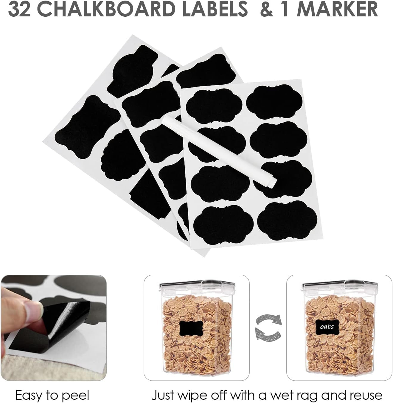 32Pcs Airtight Food Storage Containers Set, BPA Free Plastic Kitchen and Pantry Organization Canisters with Lids for Cereal, Dry Food, Flour and Sugar, Includes 32 Labels