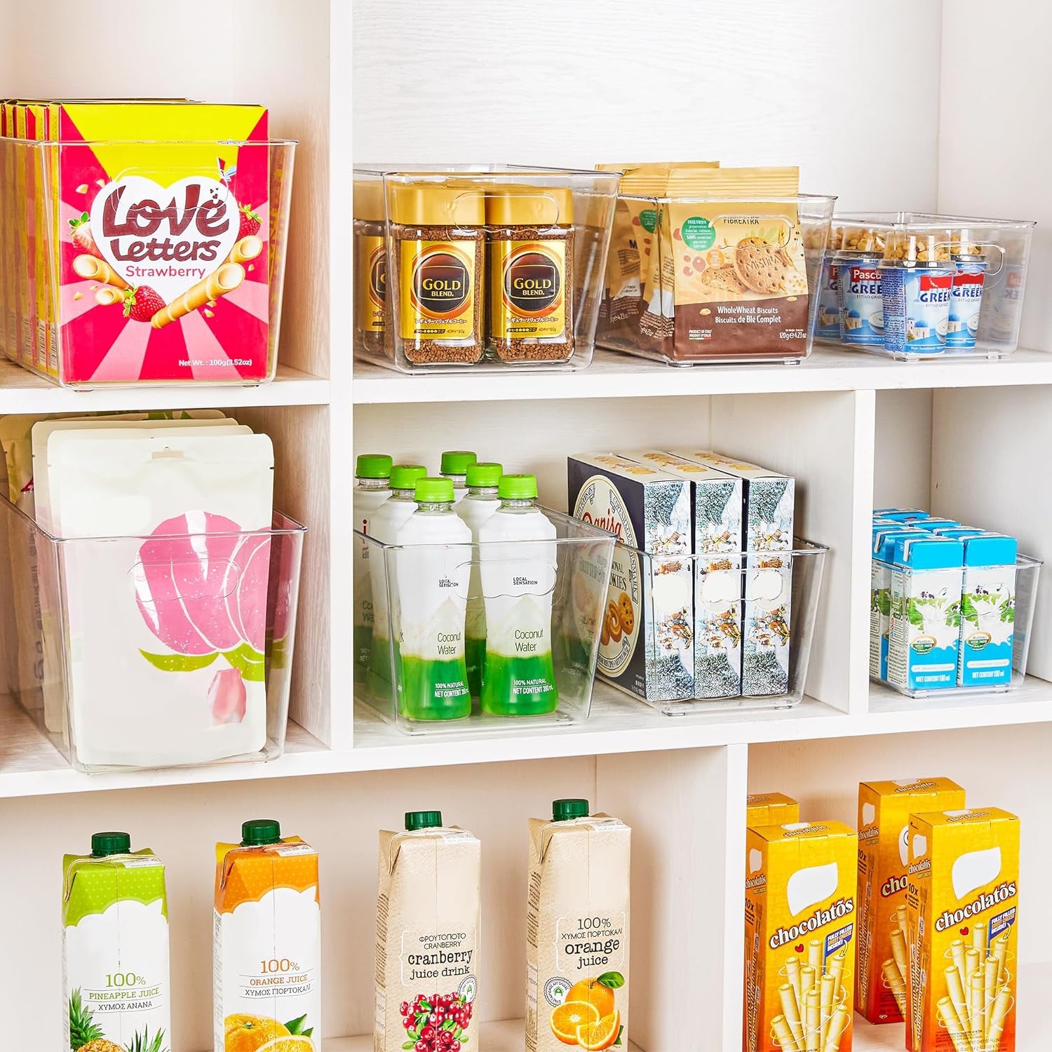 6 Pack Clear Pantry Organizer Bins, Plastic Containers with Handle for Kitchen,Freezer,Cabinet,Closet,Bathroom under Sink Storage